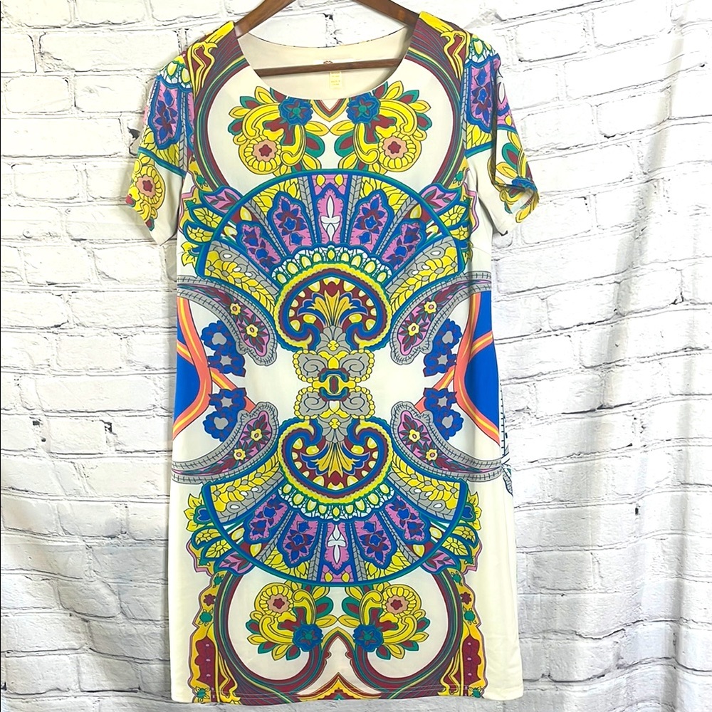 Aryeh Blue Yellow Patterned Short Sleeve Dress Size Large Excellent Condition